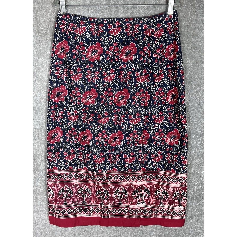 Vintage Relativity Wrap Maxi Skirt Womens Size 12P Red Blue White Floral Cotton‎